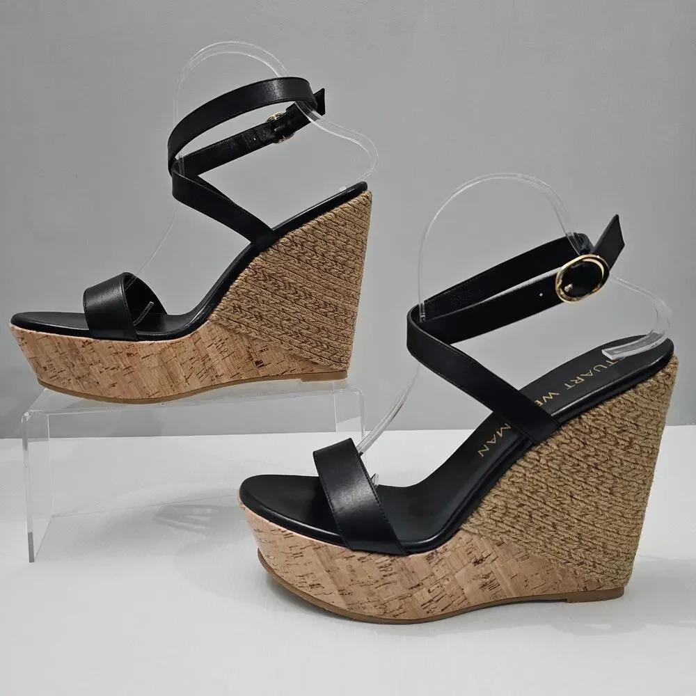 Stuart Weitzman 5050 Espadrille Wedge Platform Sandal 11 Black Leather Cork - Picture 2 of 14